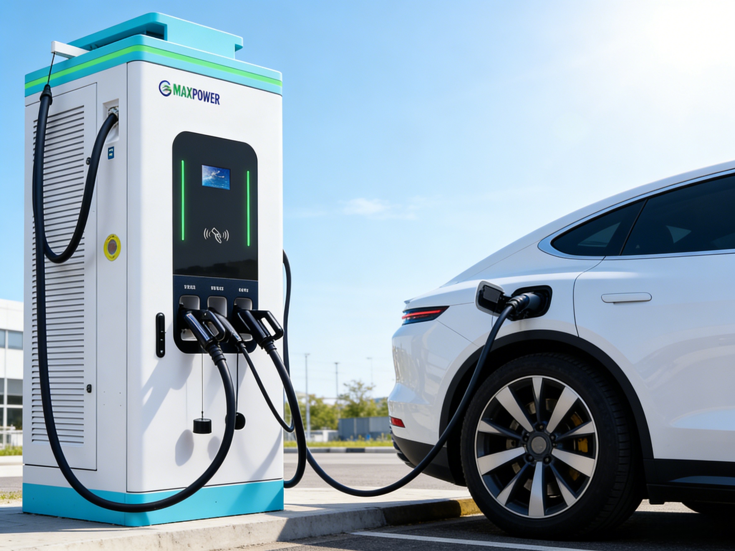 Premium triple-gun AC DC EV charger with a 22kW AC plug and dual high-output DC cables deployed in a public shared electric vehicle charging station for commercial fleet operations.
