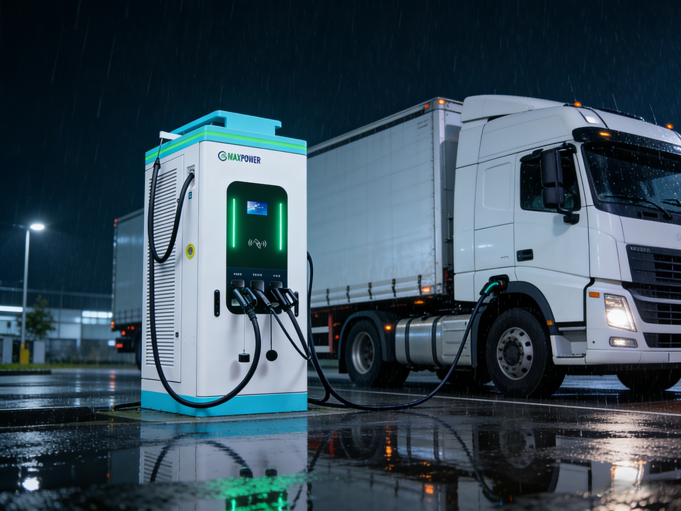 A high-power EV charging station performing heavy-duty electric truck fast replenishment on a rainy night using a 320kW-400kW ultra-fast DC electric vehicle charging pile.