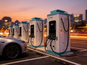 All-in-one AC and DC EV charging station, featuring 22kW AC and 320kW-400kW high-power DC triple-gun output, charging multiple electric vehicles in a public shared station.