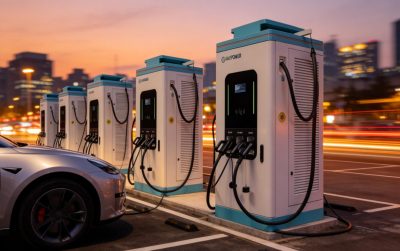 All-in-one AC and DC EV charging station, featuring 22kW AC and 320kW-400kW high-power DC triple-gun output, charging multiple electric vehicles in a public shared station.