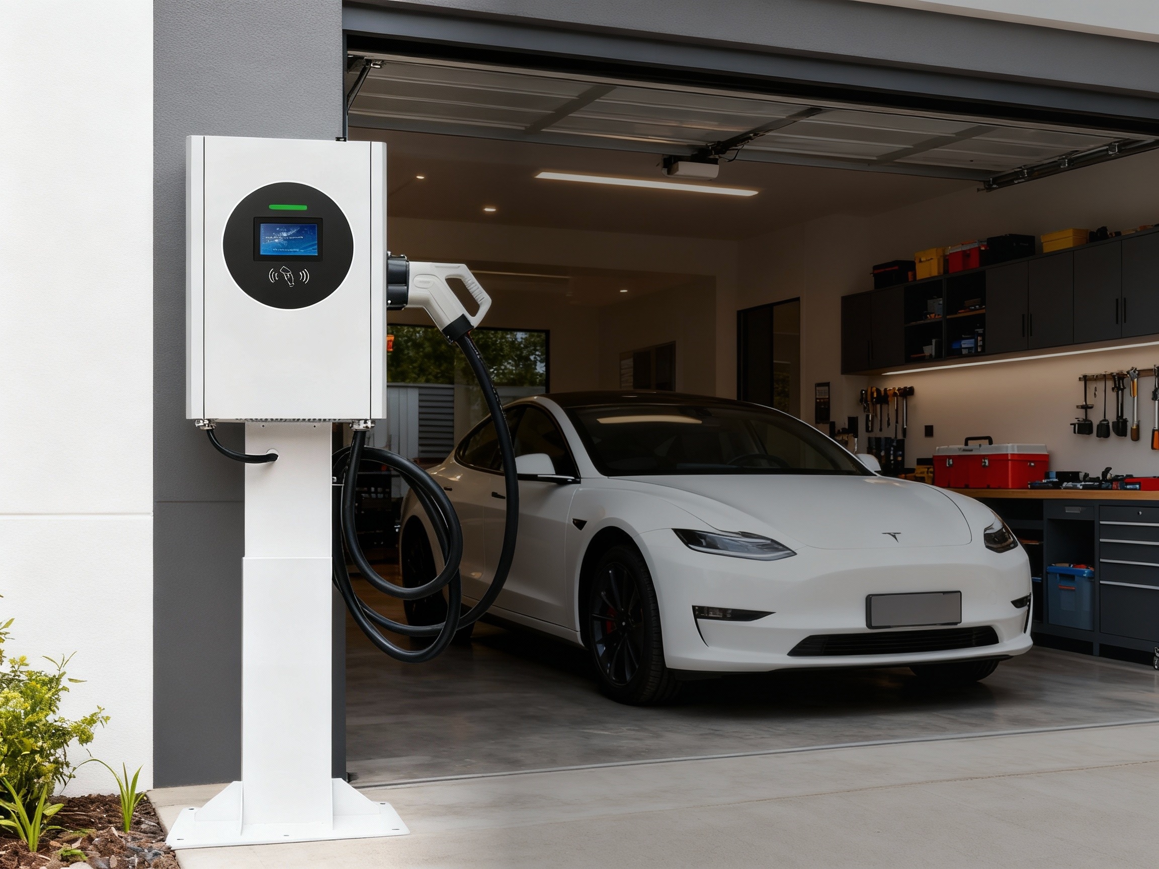 A white 7kW-40kW DC electric vehicle charging pile mounted on a steel pedestal outside a modern commercial office building with a black SUV parked in the charging bay