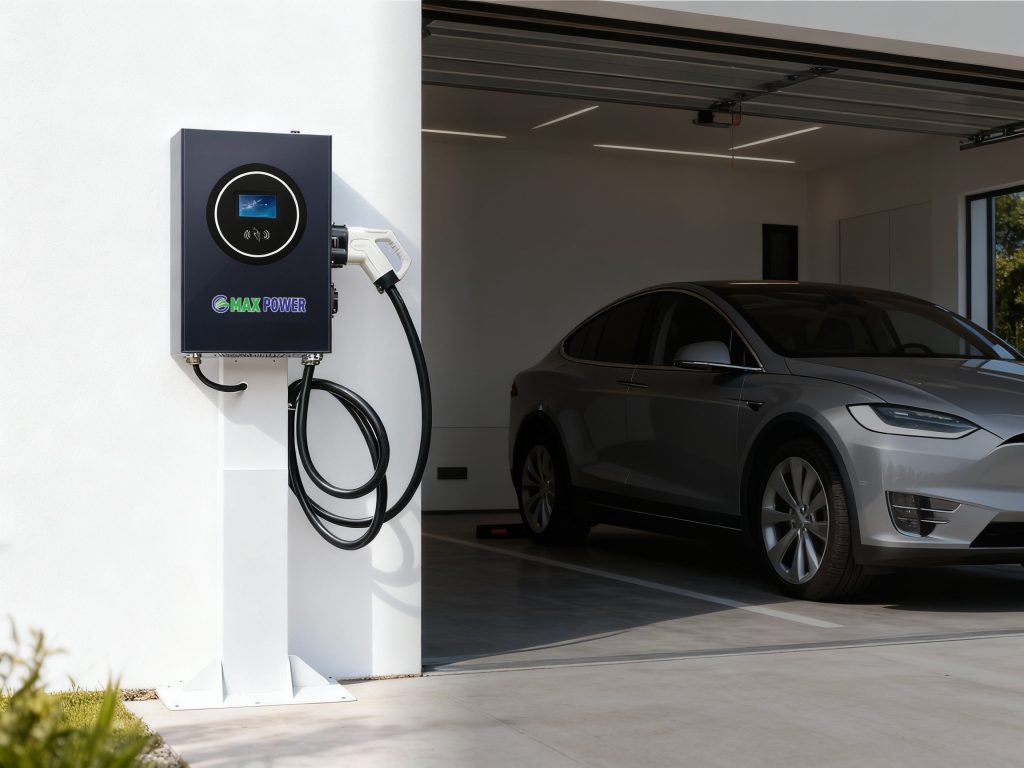 A black MAX POWER 30kW-40kW DC electric vehicle charging pile mounted on a white steel pedestal outside a residential garage with a silver electric SUV parked inside.